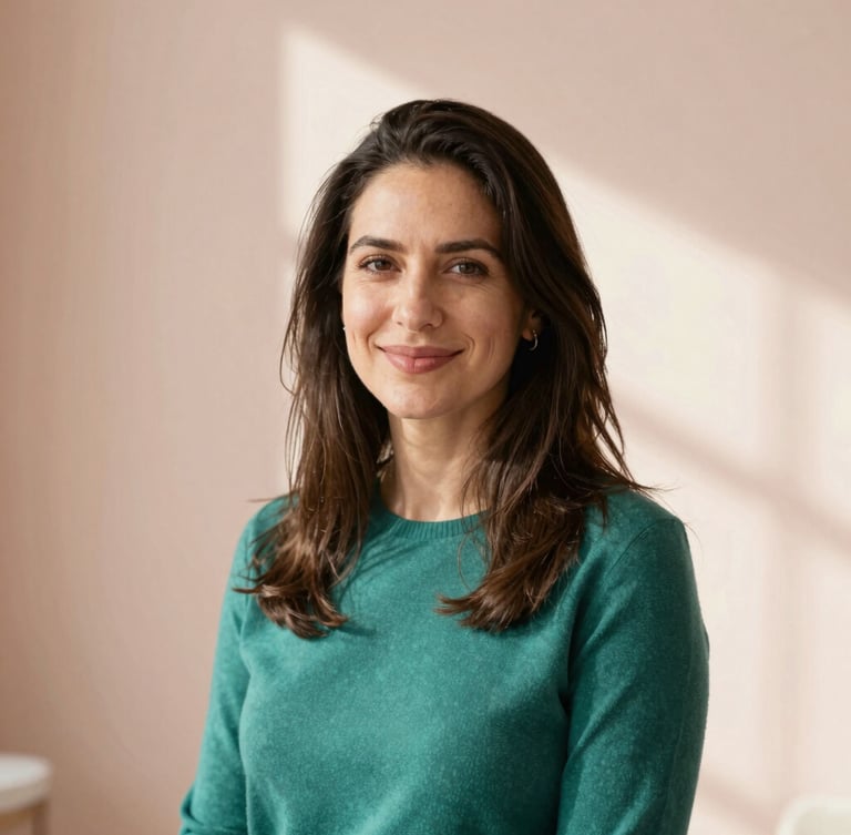 Warm portrait of a female tech founder in a sunlit studio, smiling gently, natural lighting, elegant pastel background, professional yet warm, 35mm editorial photography