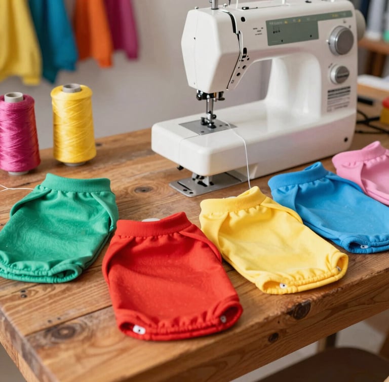 Bright cheerful pet clothing workshop in Celaya, colorful fabrics and threads on a rustic wooden table, sewing machine in the background, warm natural daylight, eye-level angle, 35mm