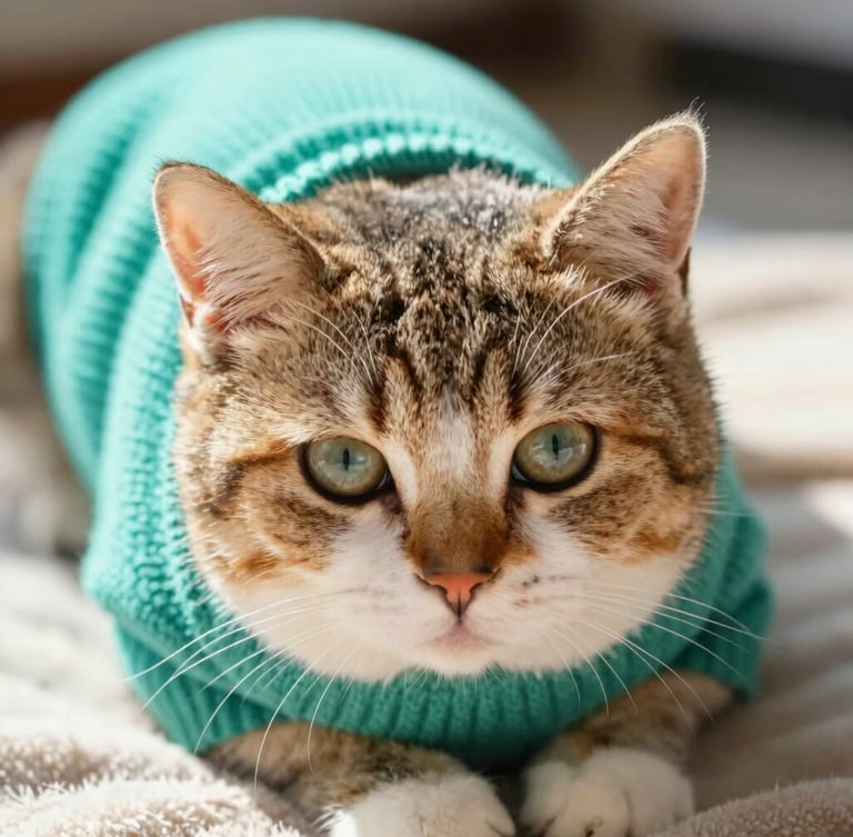 Eye-level close-up of a small cat wearing a cozy teal knit sweater, resting on a soft blanket, warm natural daylight, shallow depth of field, showing the soft texture of the fabric