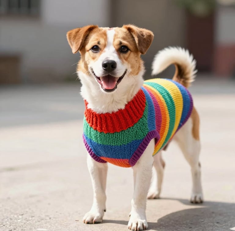 Bright cheerful pet photography of a happy three-legged dog wearing a custom colorful knit sweater, warm natural daylight, eye-level angle, shallow depth of field