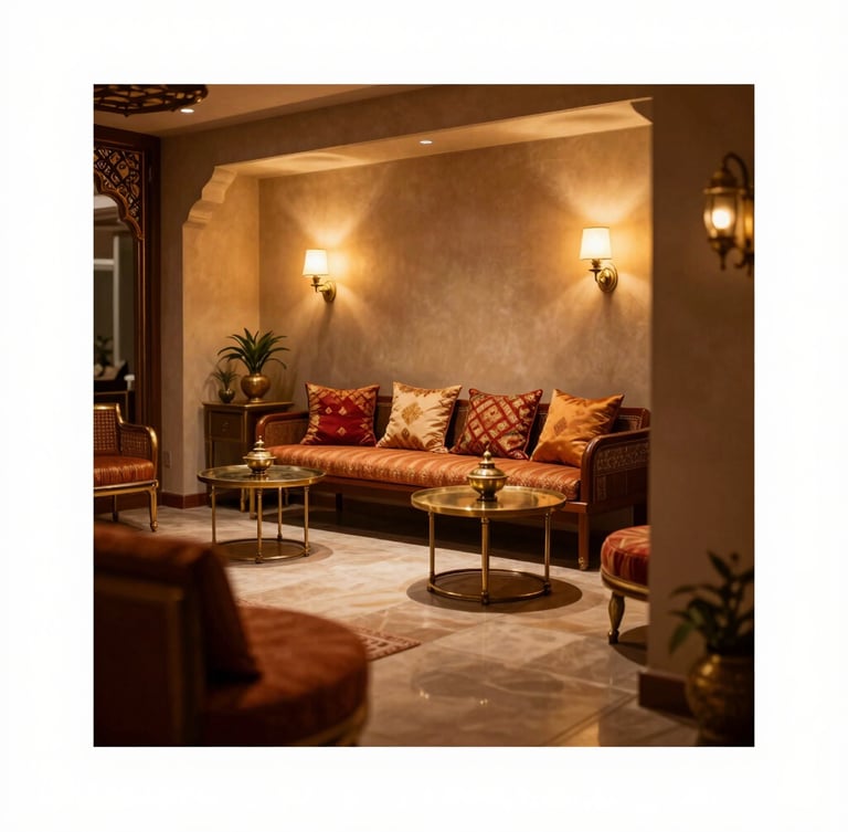 Elegant interior shot of Eshitha Events studio in Mysuru, warm ambient light, traditional brass accents, comfortable seating, shallow depth of field, 35mm