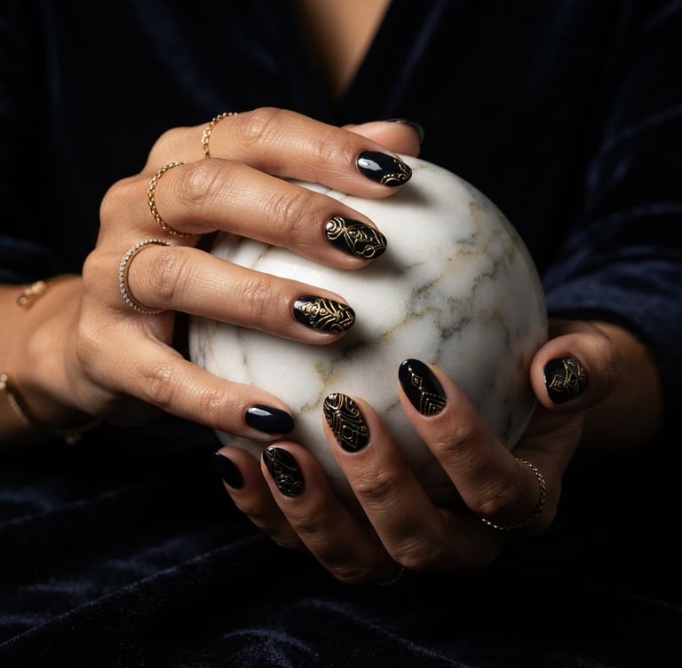 Macro close-up of hands holding a sculptural marble orb, showcasing high-gloss deep obsidian nails with intricate gold 3D line art, dramatic side lighting, rich dark background