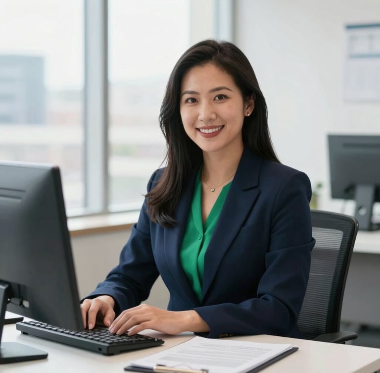 Professional portrait of an authorized tax preparer in a bright Dallas office, clean desk, soft natural daylight, professional and trustworthy look