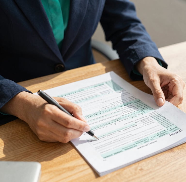 Close-up of a professional tax advisor's hands reviewing clean tax forms on a wooden desk, warm gold sunlight, deep navy and emerald tones, 35mm lens
