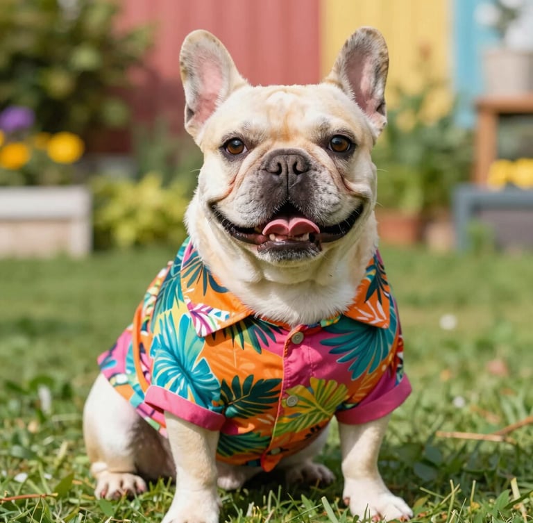 A cheerful French Bulldog wearing a vibrant, colorful tropical print shirt, sitting happily in a sun-drenched garden, warm natural daylight, sharp focus, 50mm
