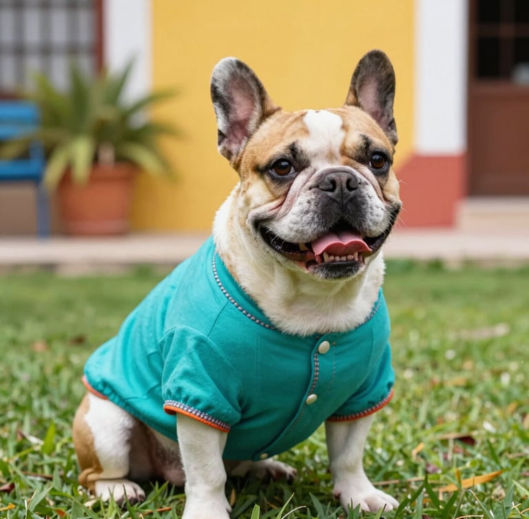 A joyful French bulldog wearing a vibrant hand-sewn teal shirt, sitting in a sunny garden in Mexico, bright natural daylight, colorful cheerful background, sharp focus, shallow depth of field, 50mm