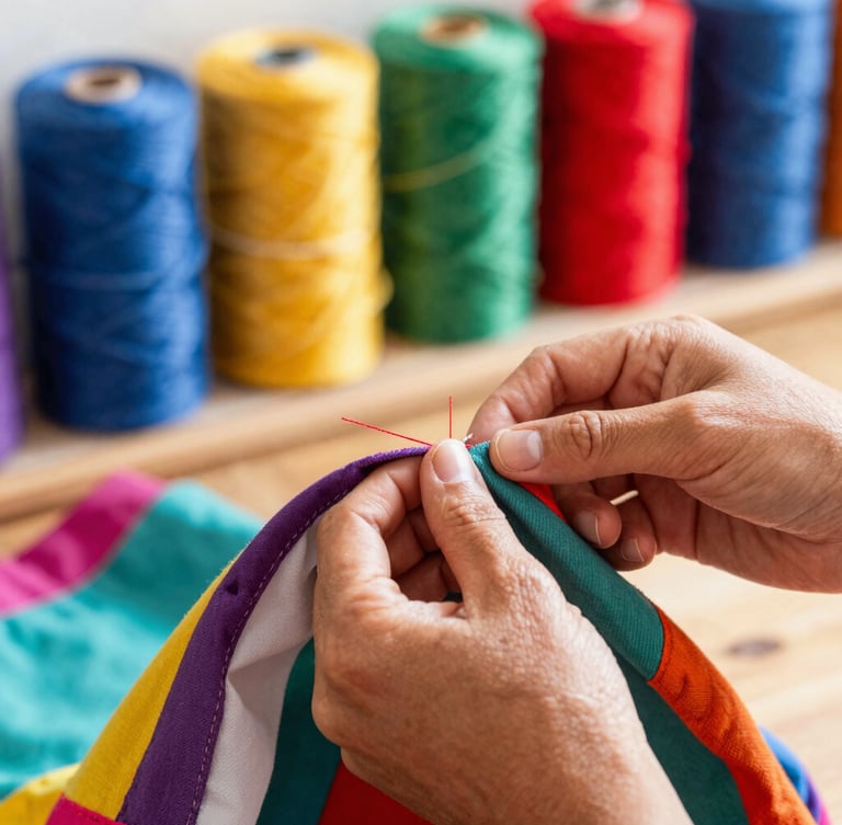 Close-up of hands carefully stitching a colorful fabric garment for a pet inside a warm, sunlit workshop in Celaya, textile rolls in the background, sharp focus, shallow depth of field, 50mm