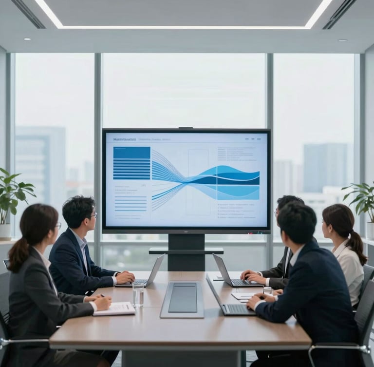 Modern executive boardroom with architectural lines, a focused team collaborating around a large screen displaying abstract data flows, bright natural daylight, cool desaturated blue and gray tones.