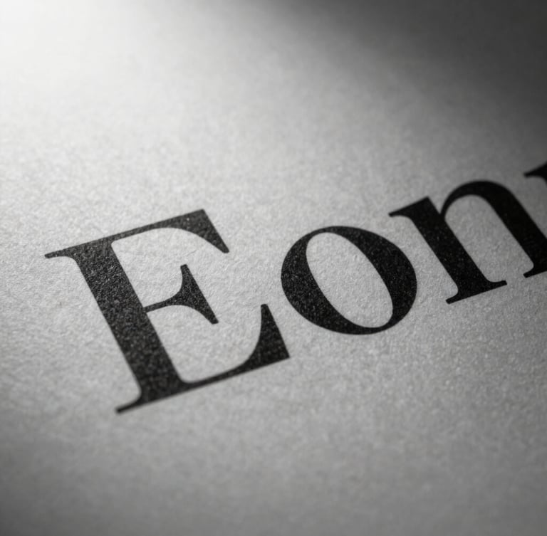 Extreme close-up of high-contrast serif typography printed on textured heavy paper, dramatic side light, deep ink shadows, editorial studio photography