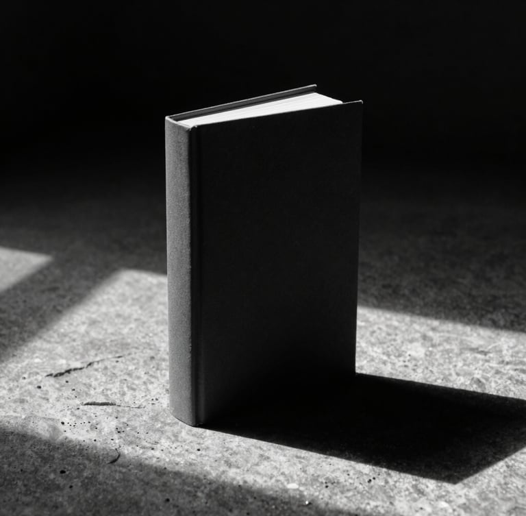 A single dark book placed vertically like a minimalist sculpture on a stone surface, sharp side light, long dramatic shadows, editorial studio photography