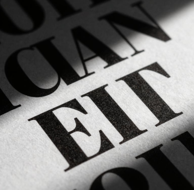 Extreme close-up of a high-contrast typographic layout on textured paper, dramatic side light with harsh shadows, sculptural composition, editorial studio photography style