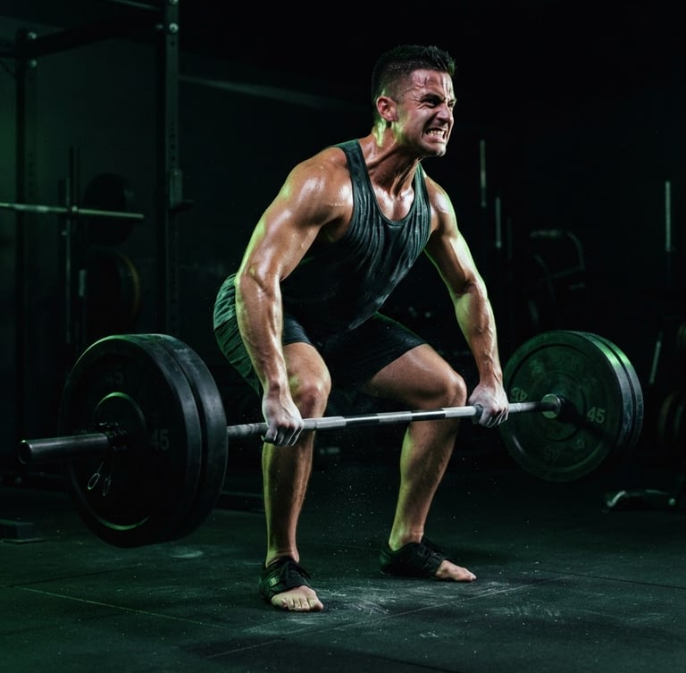 Dynamic low-angle shot of a male athlete mid-lift, visible sweat, knurled barbell in foreground, high-contrast neon green rim lighting, deep shadows, 35mm lens.