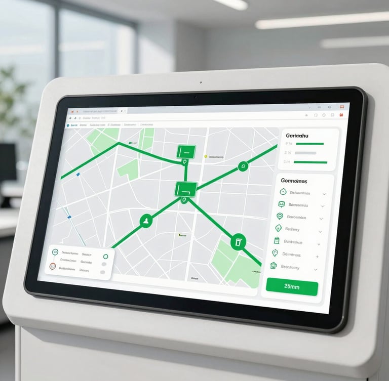 A clean high-tech logistics control panel interface displaying a map with active delivery routes, bright daylight, emerald green accents, sharp focus, 35mm