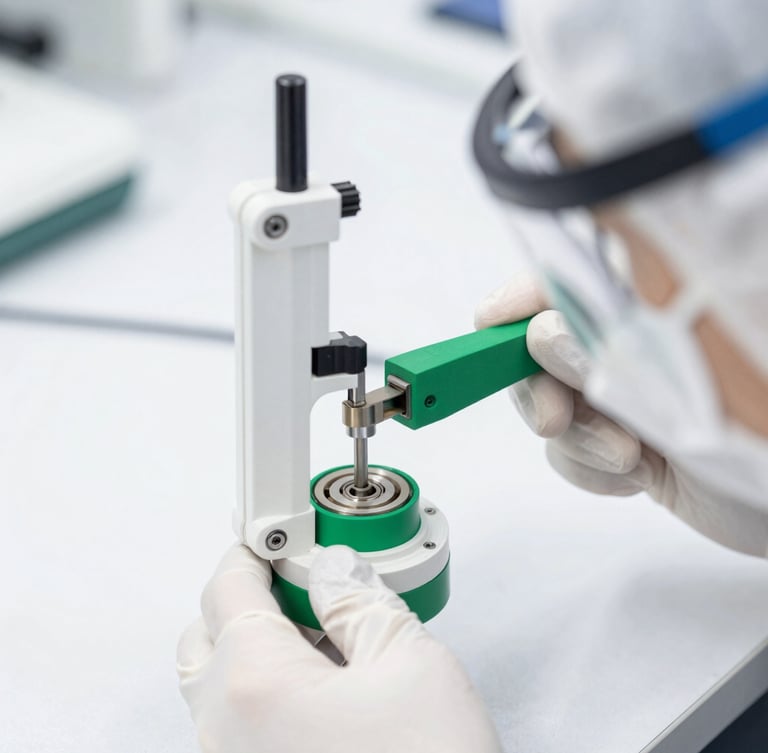 Sharp macro close-up of a technical component being calibrated by a specialist wearing clean protective gear, bright white studio light, emerald green details, sharp focus