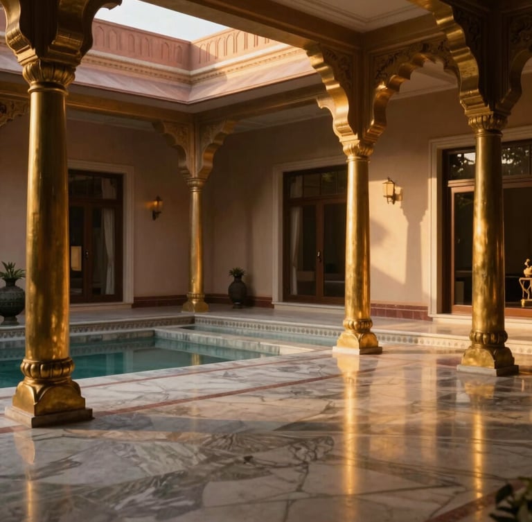 Wide environmental architectural shot of a luxurious private villa courtyard in Jaipur, marble floors reflecting warm golden-hour light, bespoke brass columns