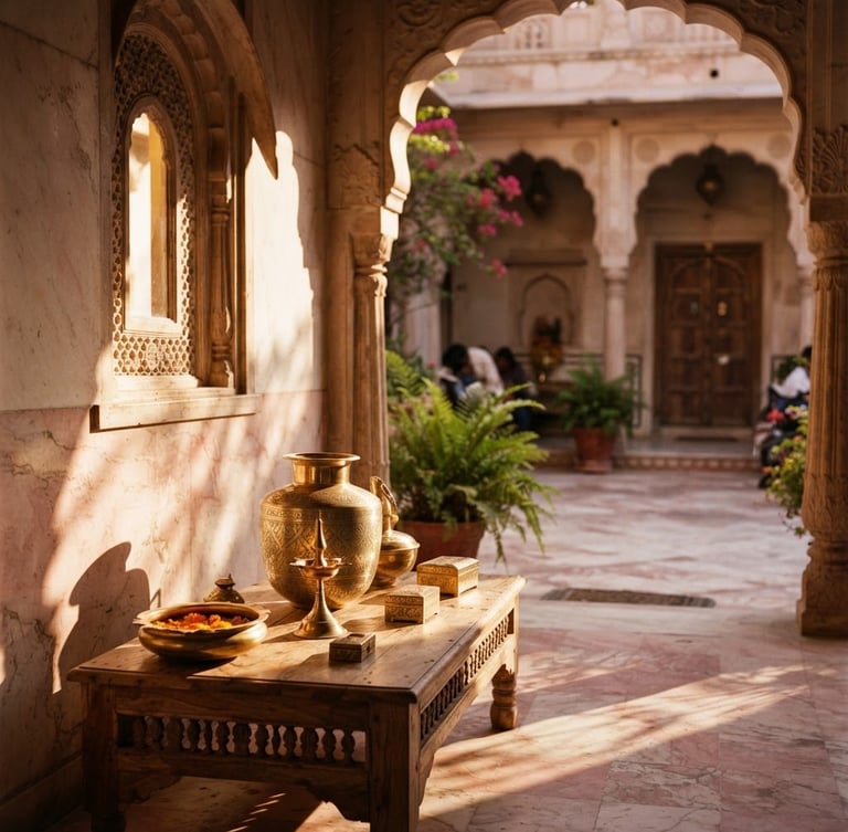 Warm editorial interior photography of a sun-dappled marble courtyard in Jaipur, golden-hour window light casting long dramatic shadows across bespoke brass fixtures, 35mm shallow depth of field