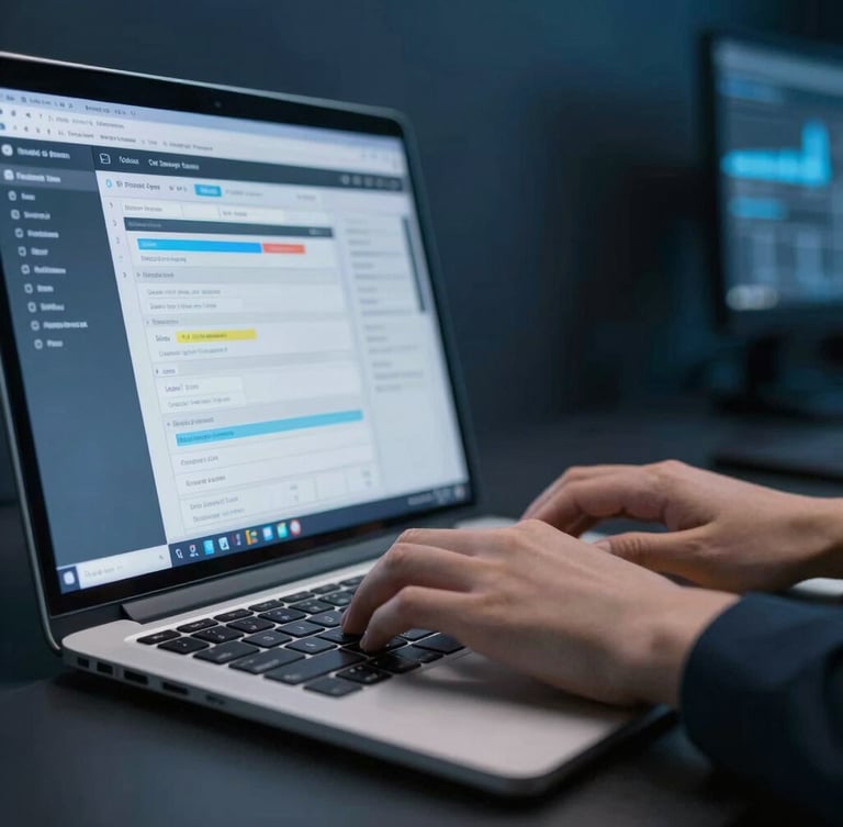 Macro shot of hands typing on a laptop with a complex CRM pipeline dashboard visible on an external monitor, cool tech studio lighting, deep slate tones, 35mm lens