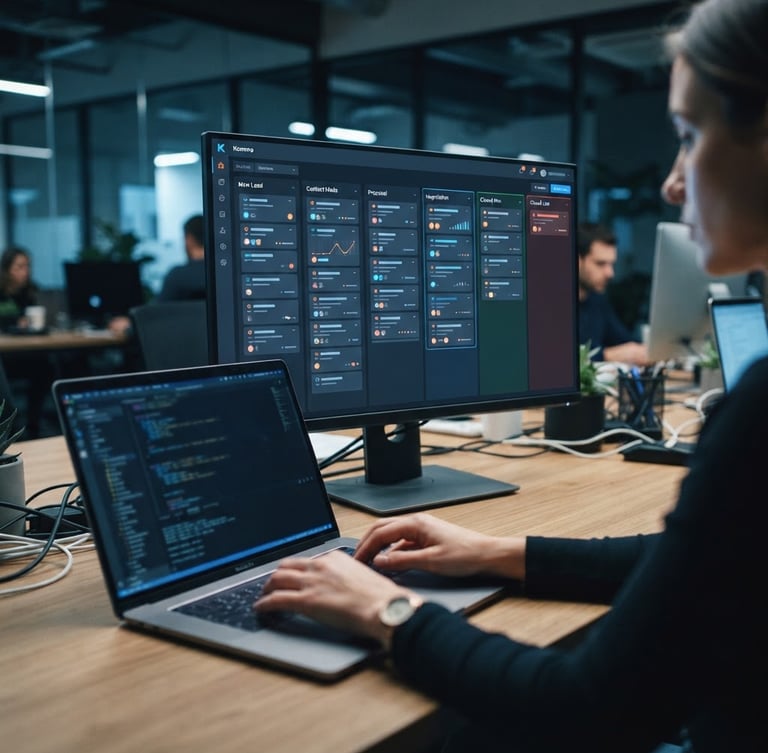 Clean dashboard of Kommo CRM showing active sales pipeline with deal cards, electric blue accents on dark screen, hands typing on a laptop nearby, cool tech studio lighting, modern editorial office photography