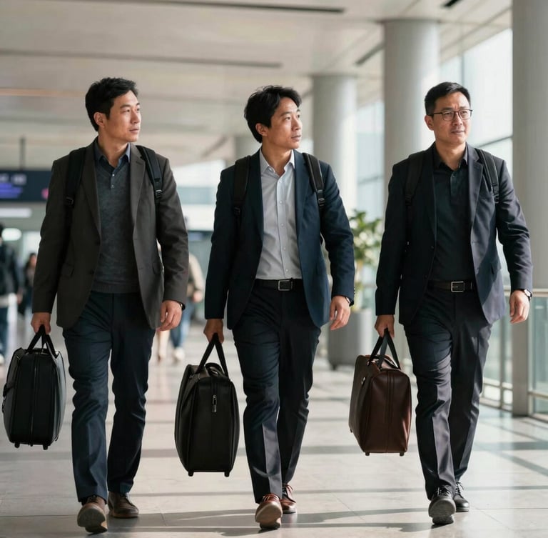 Three professionals in smart casual attire walking through a modern, sunlit airport terminal carrying minimal luggage, candid documentary style, deep contrast