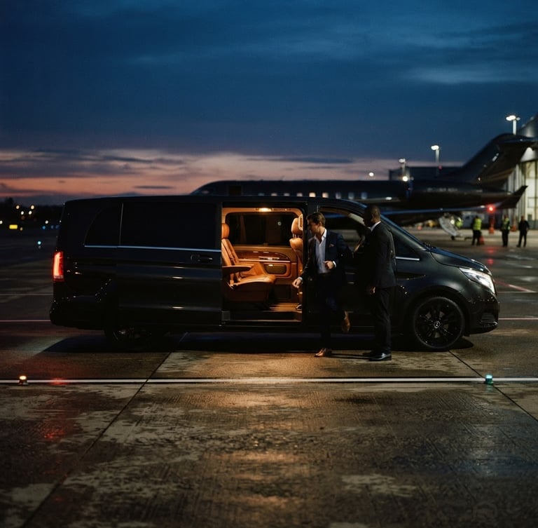 Sleek dark private transport van waiting on a runway at dusk, warm interior light, modern editorial travel photography, 35mm