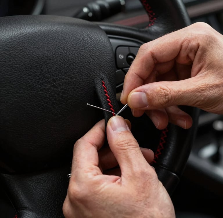 Extreme close-up of artisan hands stitching black Nappa leather onto a steering wheel, red double-stitch detail, dramatic workshop key lighting, dark background