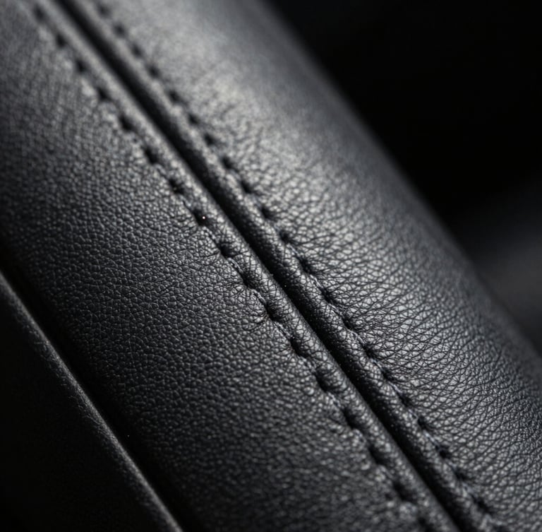 Extreme macro close-up of a double-stitch seam on a leather dashboard, dramatic side light highlighting the flawless alignment and material tension.