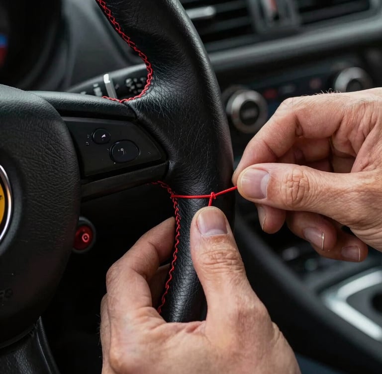 Extreme macro close-up of hands hand-stitching black Nappa leather onto a sports car steering wheel with thick crimson red thread, dramatic directional key lighting highlighting the leather grain, dark workshop background.