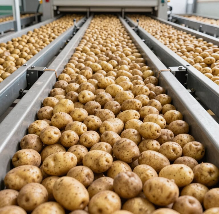 Wide panoramic shot of a modern, clean agricultural sorting facility in Spain, bright natural daylight illuminating rows of fresh potatoes on a conveyor, 35mm