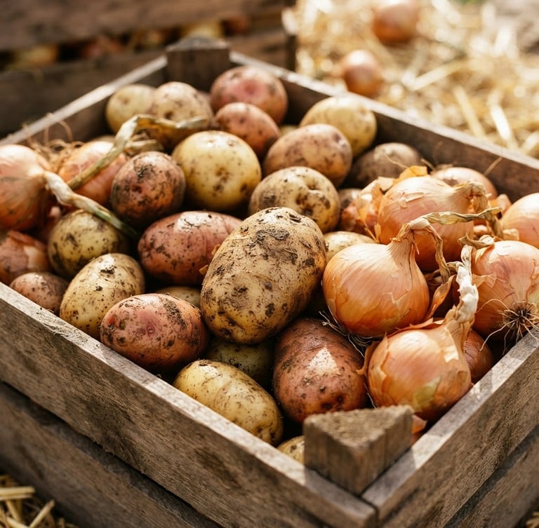 Detailed close-up of fresh Spanish potatoes and golden onions in a clean wooden crate, warm natural sunlight, professional agricultural photography, 35mm