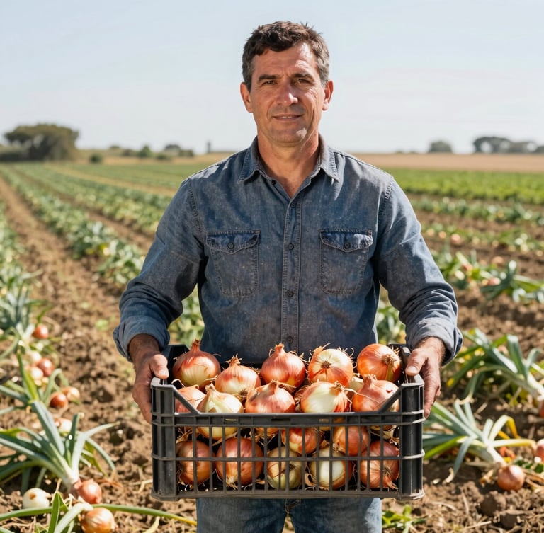 Vertical portrait of a proud Spanish farmer standing in a sunlit agricultural field holding a crate of fresh onions, clean corporate agricultural aesthetic, natural lighting, 35mm