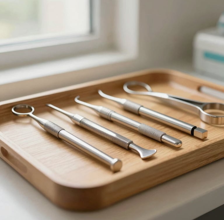 Close-up of clean, sterile dental instruments arranged neatly on a warm wooden tray, soft natural window light, shallow depth of field, professional editorial photography