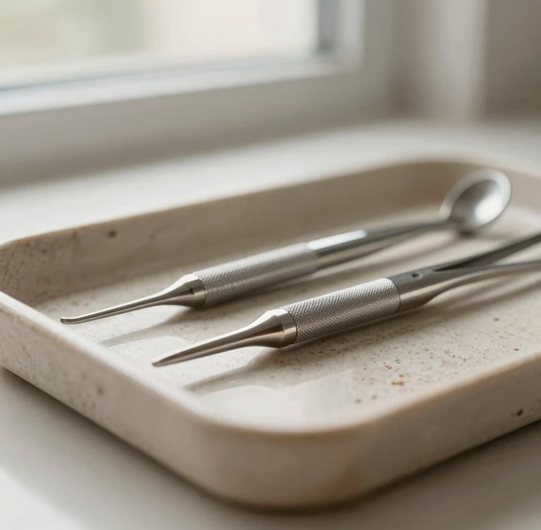 Close-up of clean, sterile dental instruments resting on a natural stone tray under soft diffused window light, shallow depth of field.