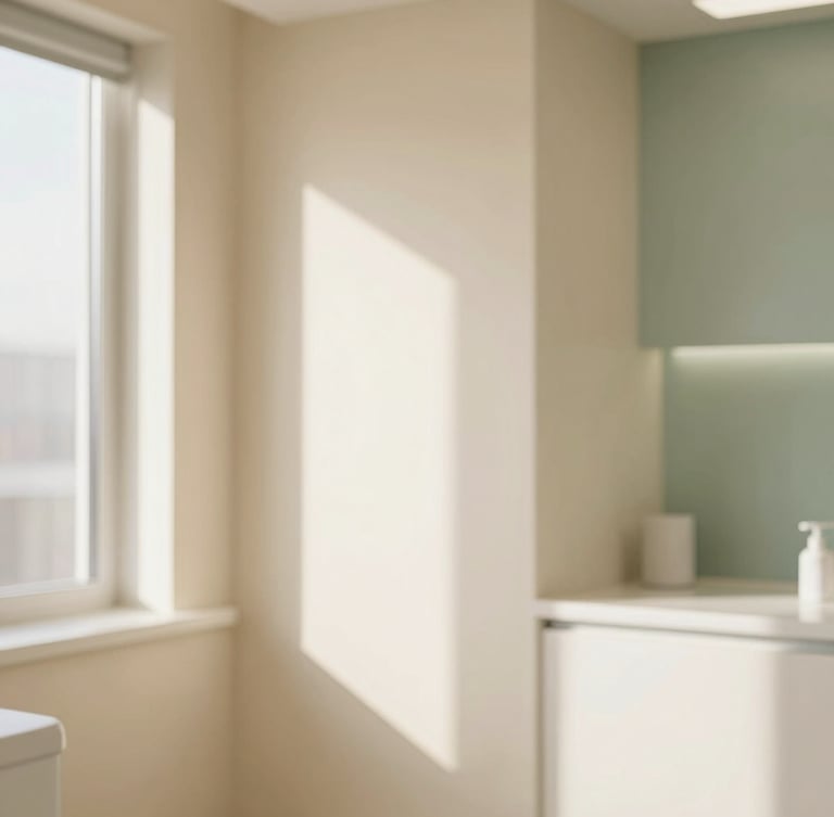 Soft-focus environmental shot of a sunlit, minimalist dental clinic interior with warm cream walls and a subtle sage green accent, soft diffused window light, professional editorial photography