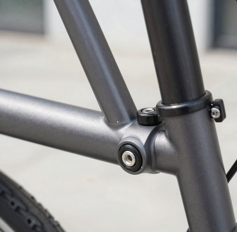 Extreme close-up focusing on a clean, robust folding frame latch and hinge mechanism of a charcoal gray e-bike, soft-shadow studio lighting highlighting the precise welds.