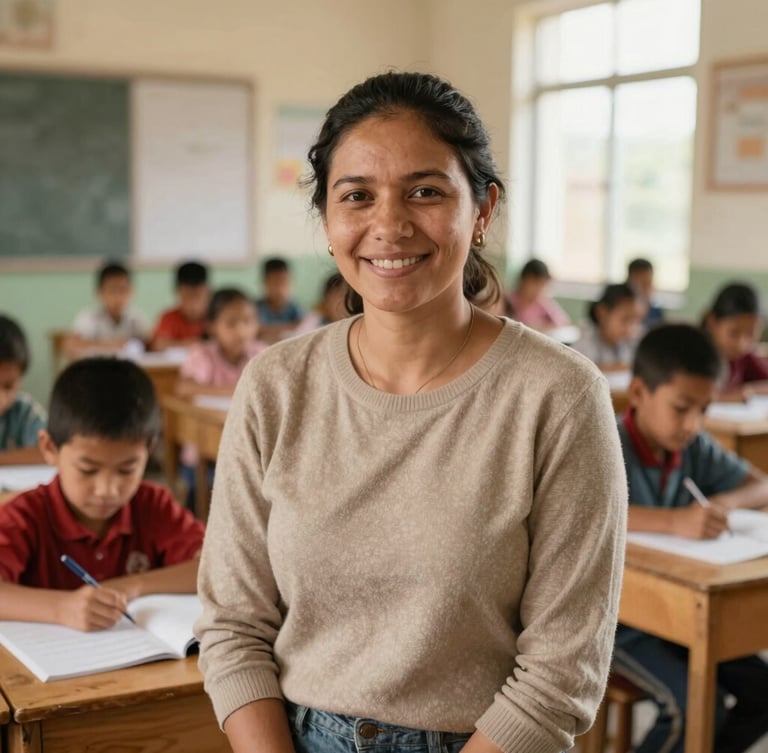 A warm candid portrait of a female local leader smiling proudly in a sunlit community classroom, soft focus background of children learning, natural light.