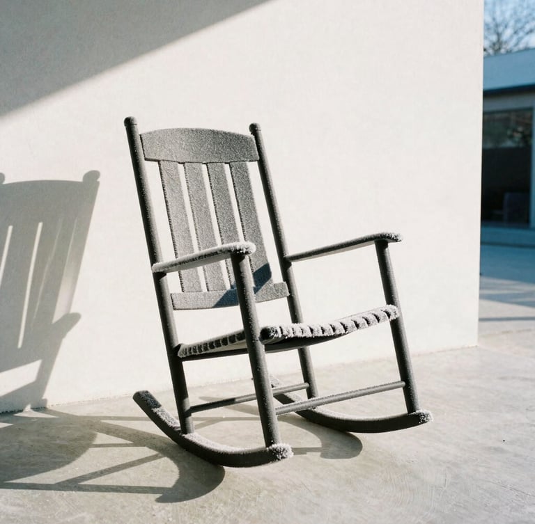 A matte charcoal resin rocking chair on a minimalist plaster porch, covered in light winter frost, sharp morning shadows, crisp architectural photography.