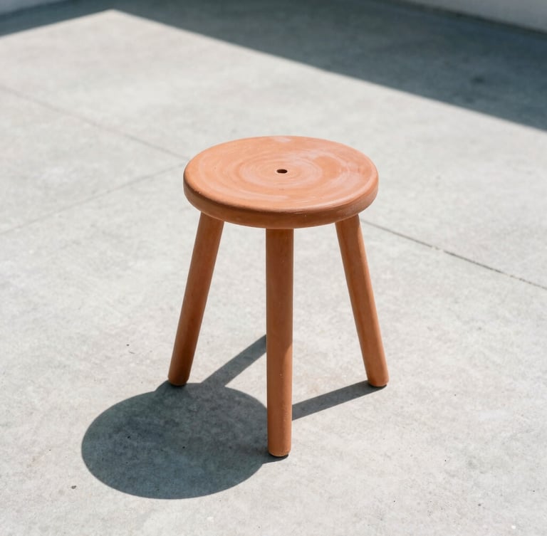 Low-angle architectural crop of a single terracotta resin stool casting a sharp, dramatic shadow on raw concrete under harsh midday sun, crisp minimalist composition, medium format film style.