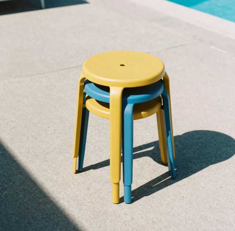 A neat stack of three colored resin stools nested poolside on a raw concrete deck, bright direct sunlight casting sharp geometric shadows, saturated minimalist tones.