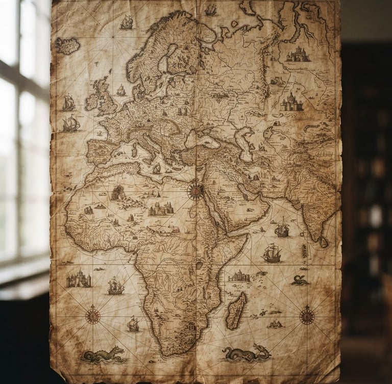 Portrait of an ancient hand-drawn world map on textured parchment, soft library window light, warm sepia tones, 35mm film grain
