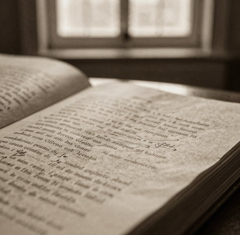 Detalle de un manuscrito antiguo con anotaciones al margen, iluminado por luz difusa de ventana, en tonos sepia, textura de papel táctil.