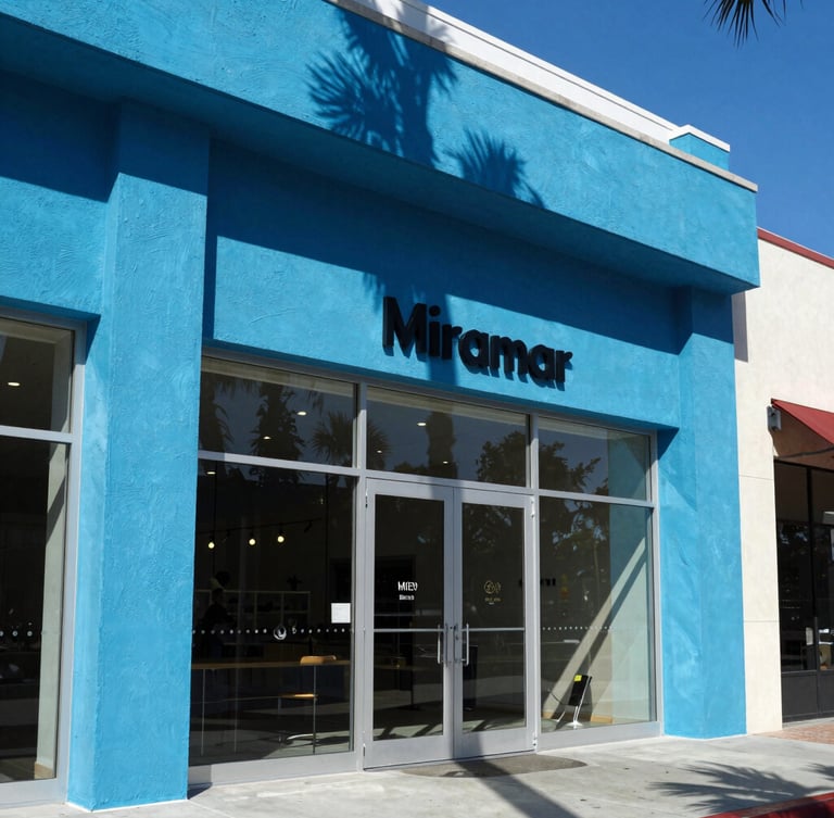 Low-angle heroic shot of a modern architectural storefront in Miramar Beach, bright direct sunlight, sharp electric blue shadows.