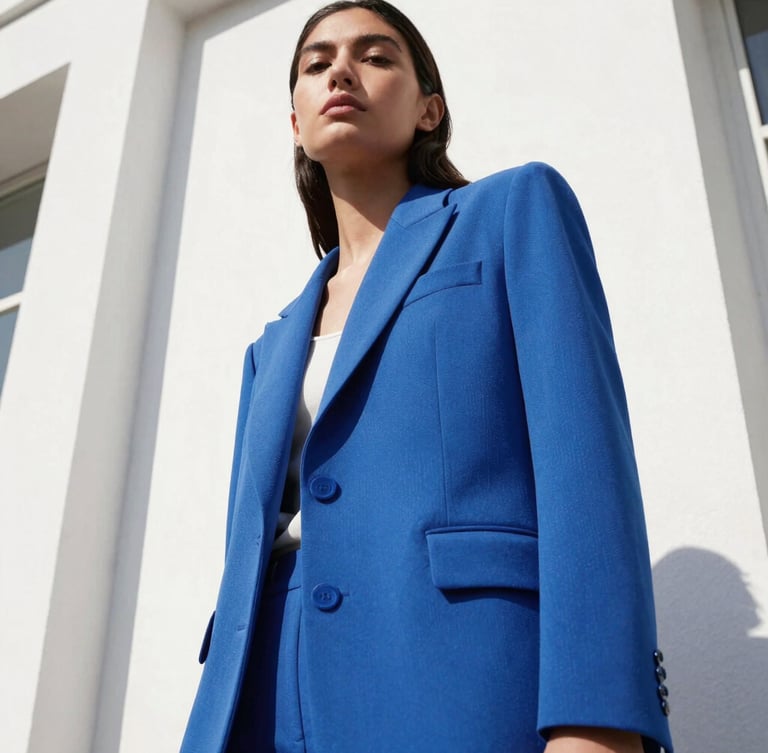 Low-angle heroic shot of a model in a structured electric blue blazer against a crisp white architectural wall, direct high-contrast sunlight with sharp shadows