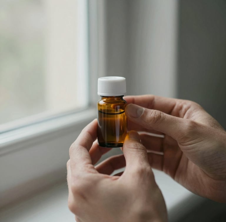 Close-up detail of hands holding a small amber prescription bottle under soft natural window light, muted organic tones, shallow depth of field, 35mm photography