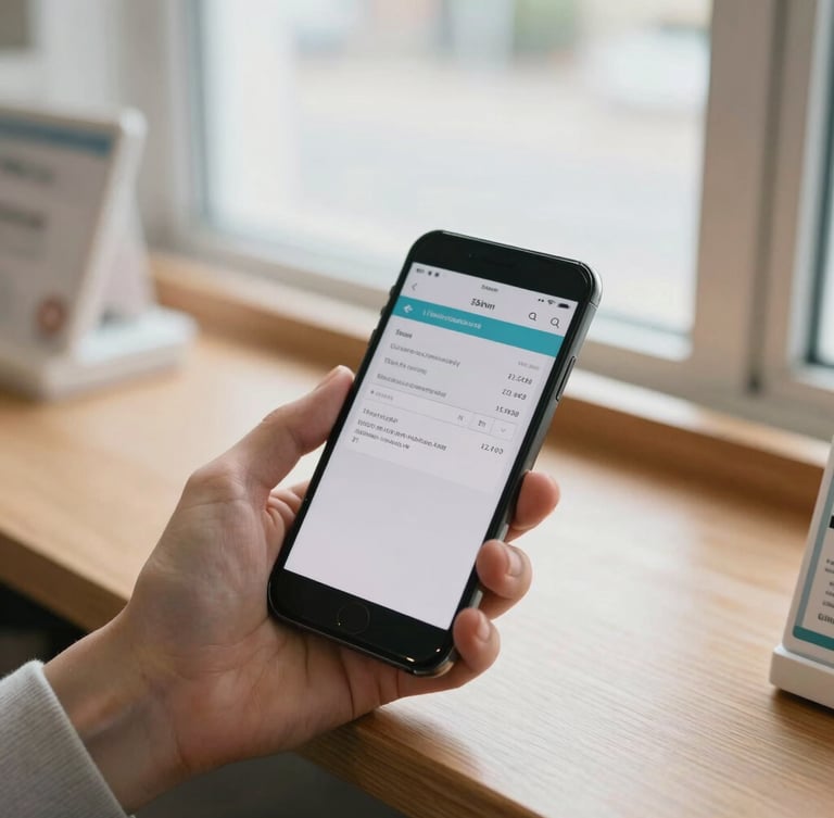 A close-up of a hand holding a smartphone displaying a clean digital prescription voucher at a wooden pharmacy counter, soft natural window light, 35mm