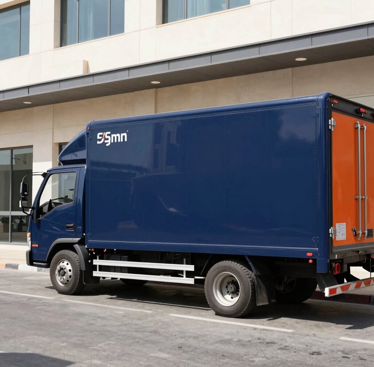 Branded navy blue moving truck parked in front of a modern Ajman commercial building, bright direct UAE sunlight, crisp commercial photography, 35mm