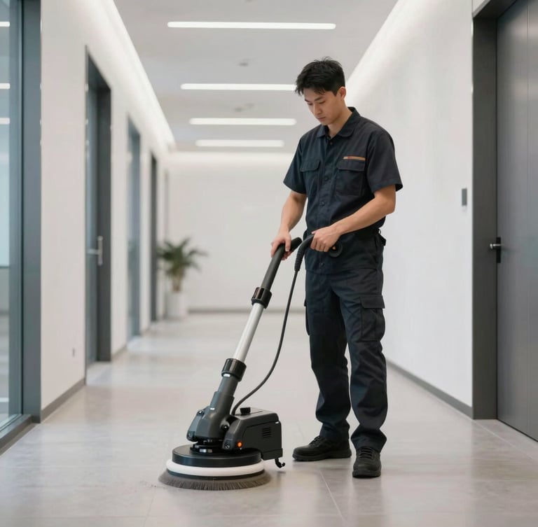A professional cleaning technician in a clean, dark uniform operating high-end floor polishing equipment in a bright, modern corporate hallway, cool lighting, 35mm.
