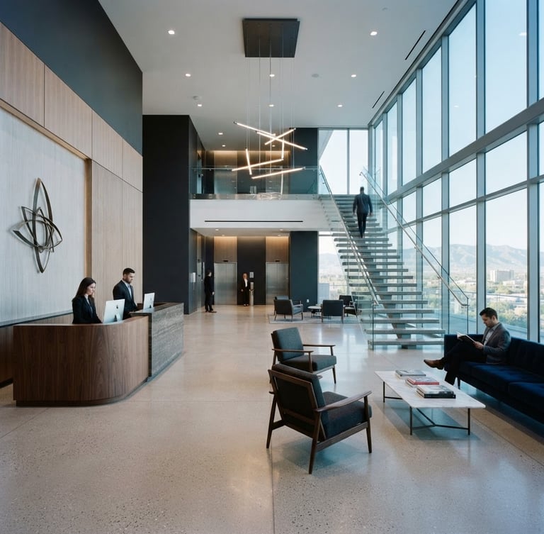 Wide architectural interior of a spotless modern corporate office lobby in Albuquerque, sharp focus, cool morning light, 35mm.