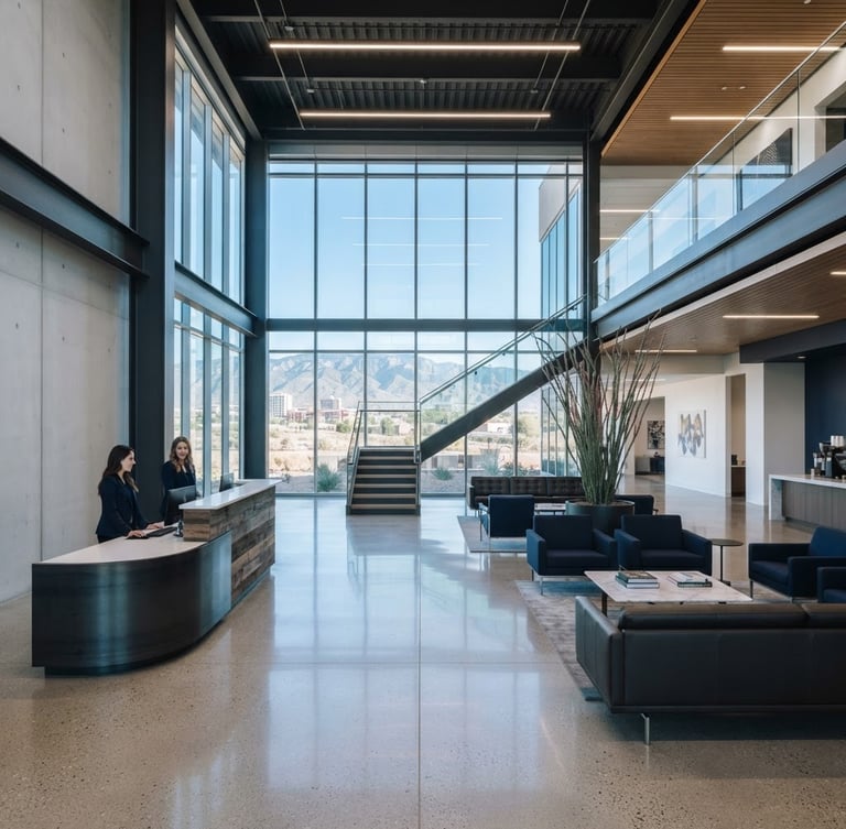 Wide architectural interior of a spotless modern corporate office lobby in Albuquerque, cool crisp window light, polished concrete floors, dark charcoal accents, high-end commercial photography, 35mm