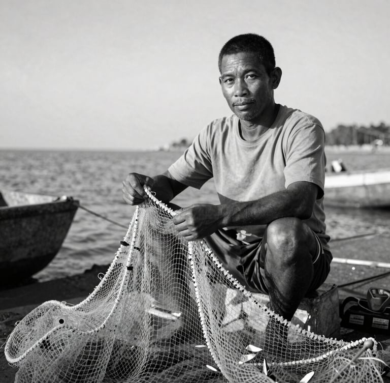 Black and white environmental portrait of a fisherman mending nets, natural daylight, deep shadows, looking directly into the lens with quiet resolve.