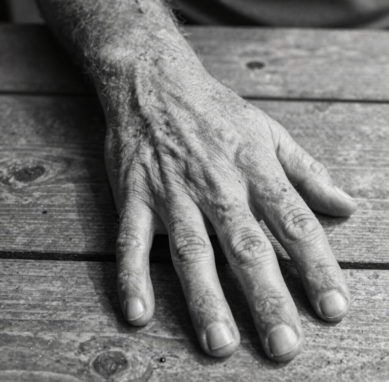 Close-up portrait of a weathered hand resting on a wooden table, natural daylight, sharp textures, black and white editorial style.